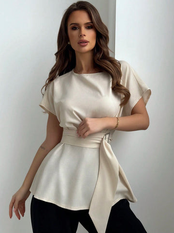Aloruh Round Neck Waist-Tied X-Shaped Simple Commuter Women Shirt