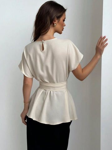 Aloruh Round Neck Waist-Tied X-Shaped Simple Commuter Women Shirt