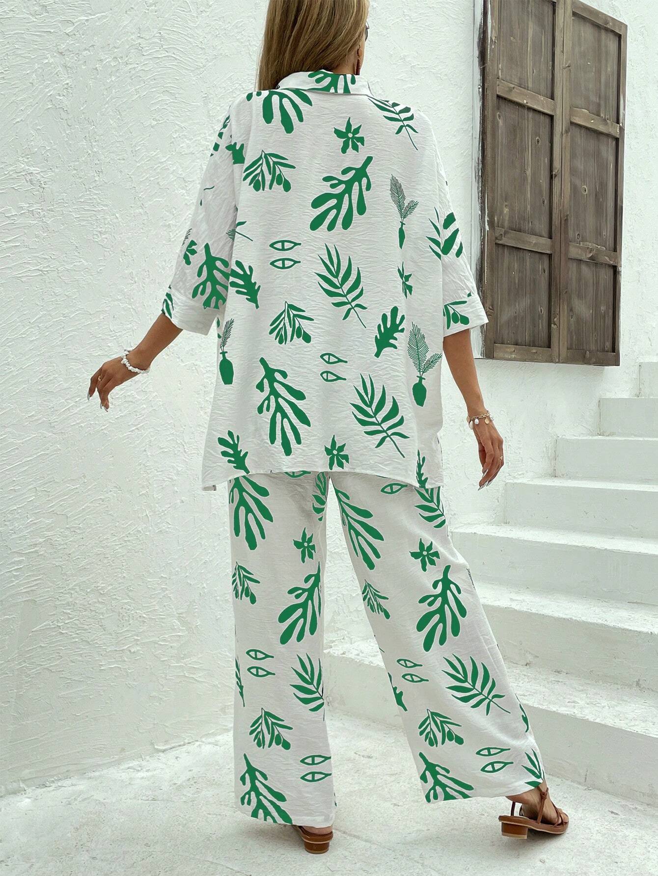 Plants Print Shirt & Wide Leg Pants