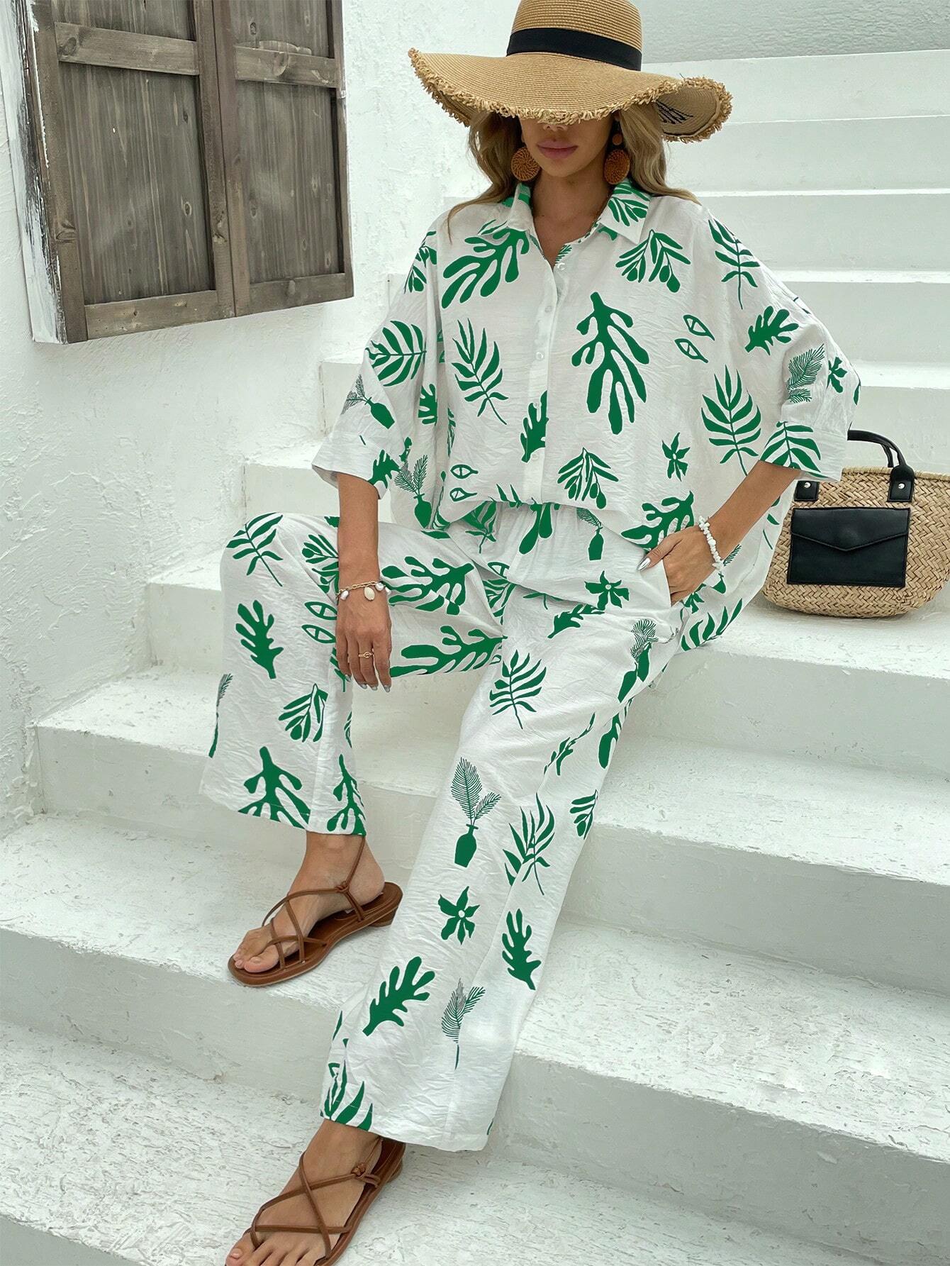 Plants Print Shirt & Wide Leg Pants