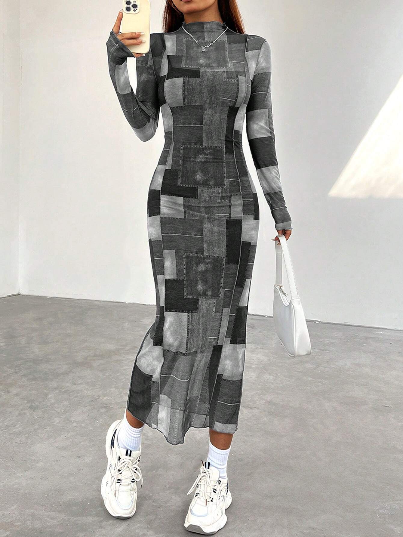 EZwear Women's Mesh Panel High Neck White Fitted Mid-Length 2-Piece Dress Set