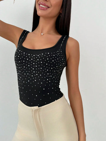 Aloruh Women's Square Neck Full-Body Rhinestone Embellished Fitted Bodysuit