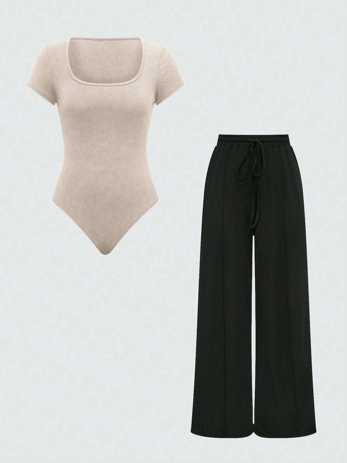 EZwear Plain Color Asymmetric Hem Top And Pants Two Piece Set