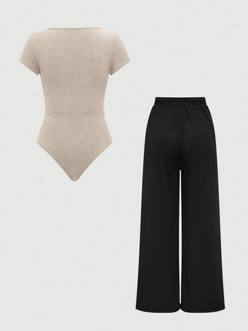 EZwear Plain Color Asymmetric Hem Top And Pants Two Piece Set