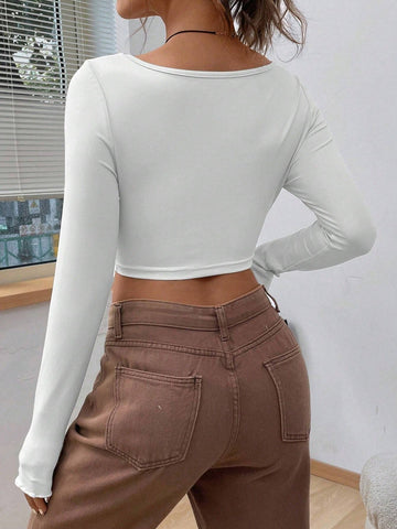 EZwear Twist Front Asymmetrical Hem Khaki Crop Tee