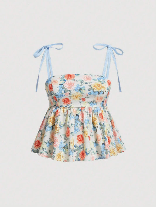 MOD Dreamy Flower Patterned Babydoll Camisole Exquisite Lace Straps Spring And Summer Top