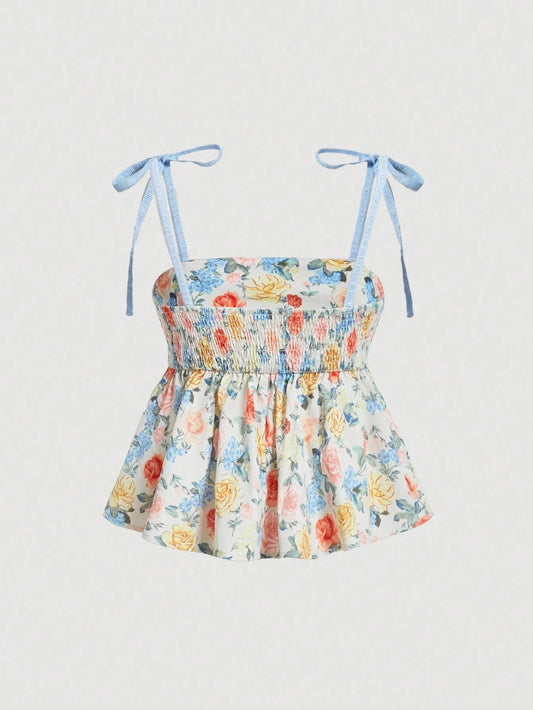 MOD Dreamy Flower Patterned Babydoll Camisole Exquisite Lace Straps Spring And Summer Top