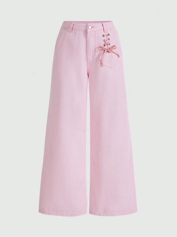 ROMWE Kawaii Lace Up Front Wide Leg Jeans