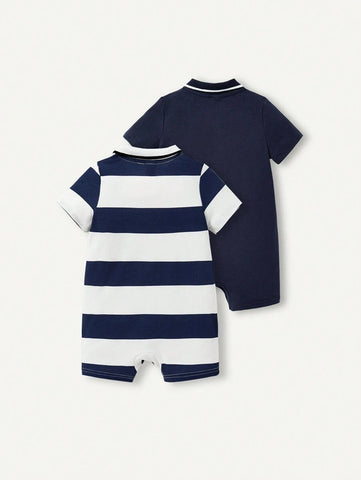 Baby Boy Color Block Flat Knitted Collar Short Sleeve Romper Set
