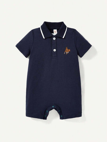 Baby Boy Color Block Flat Knitted Collar Short Sleeve Romper Set
