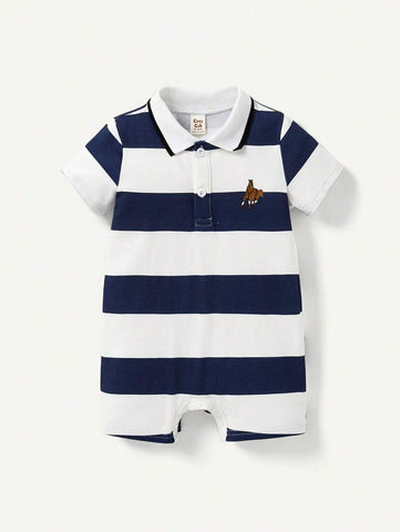 Baby Boy Color Block Flat Knitted Collar Short Sleeve Romper Set