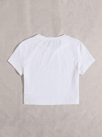 Slogan Bow Detail-Knot Print Round Neck Short Sleeve Casual T-Shirt