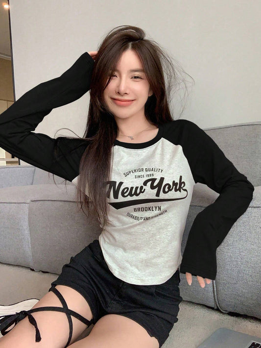DAZY Letter Print Color Block Raglan Sleeve T-Shirt