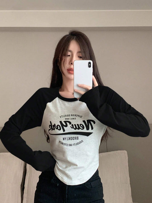 DAZY Letter Print Color Block Raglan Sleeve T-Shirt