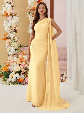 Belle Single Shoulder Chiffon Bridesmaid Dress With Draping Ruffles