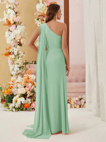 Belle Single Shoulder Chiffon Bridesmaid Dress With Draping Ruffles