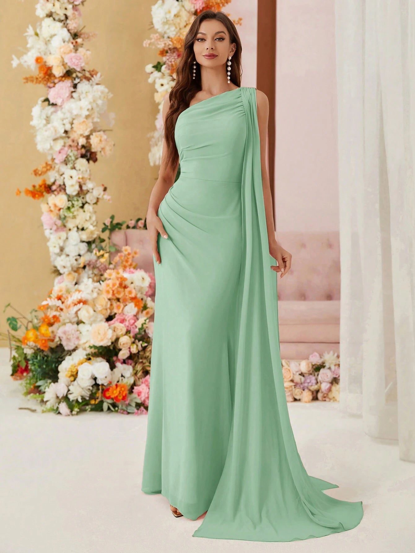 Belle Single Shoulder Chiffon Bridesmaid Dress With Draping Ruffles