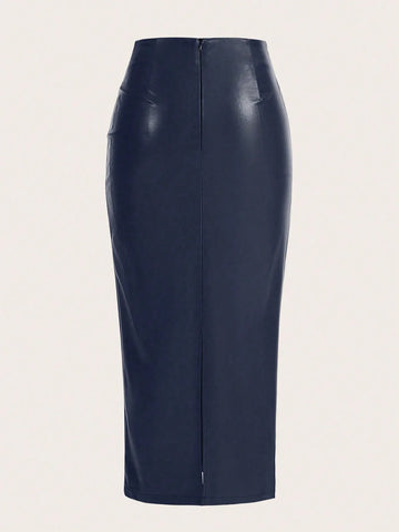 Raffin�a Solid Color Pleated Back Zipper Slit Skirt