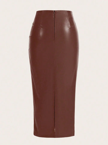 Raffin�a Solid Color Pleated Back Zipper Slit Skirt