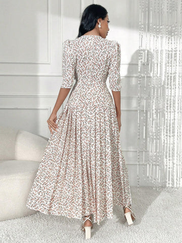 Mulvari Ditsy Floral Button Front Plicated Detail Puff Sleeve Dress