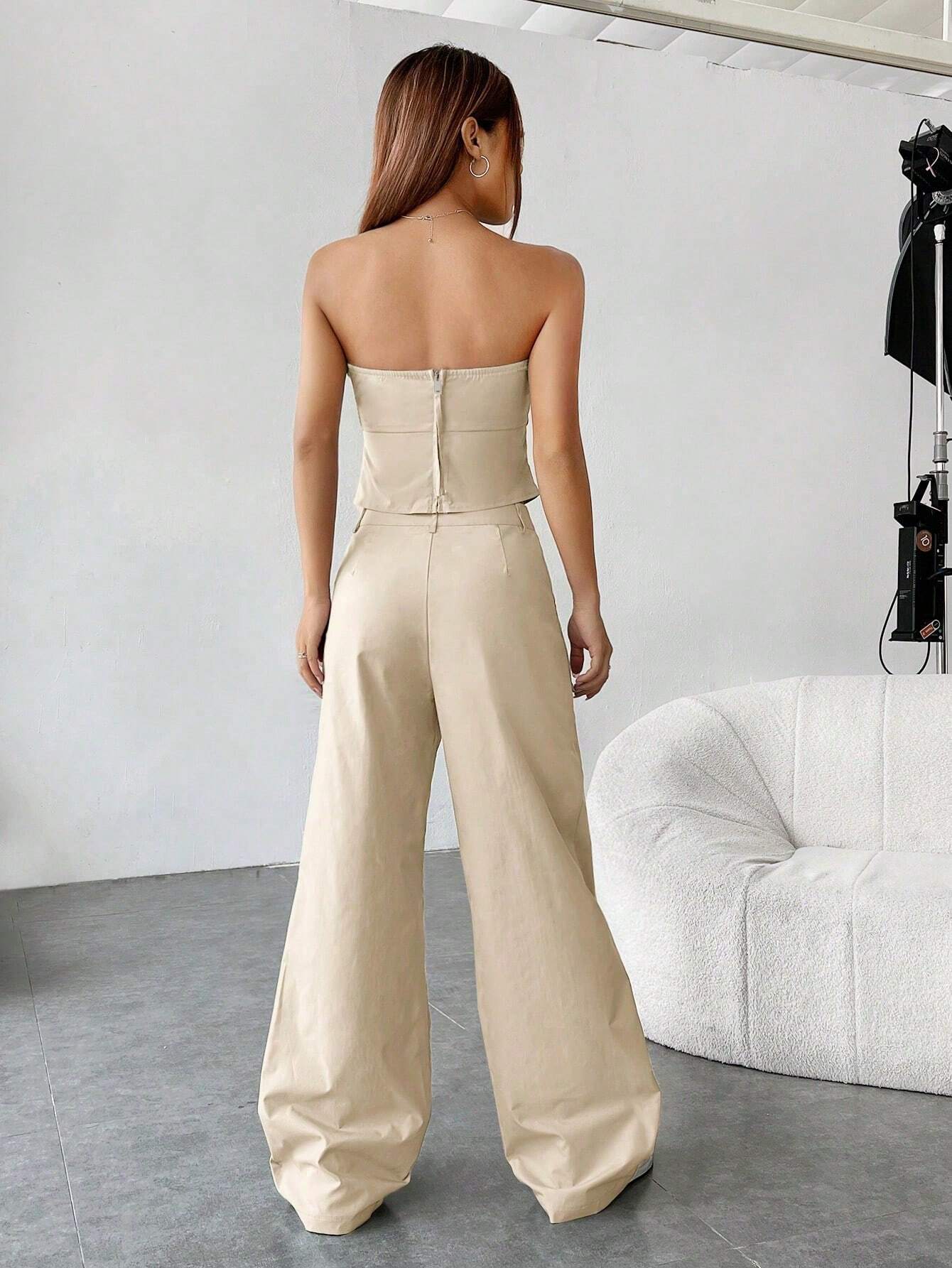 EZwear Leisure Style Solid Color Strapless Top And Flat Front Pants