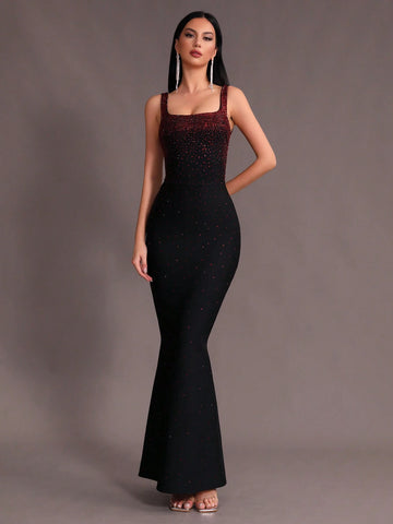 Women's Elegant Sleeveless Mermaid Dress With Square Neckline And Sparkling Rhinestones