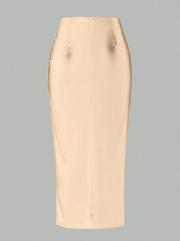 Raffin�a Solid Color Pleated Back Zipper Slit Skirt