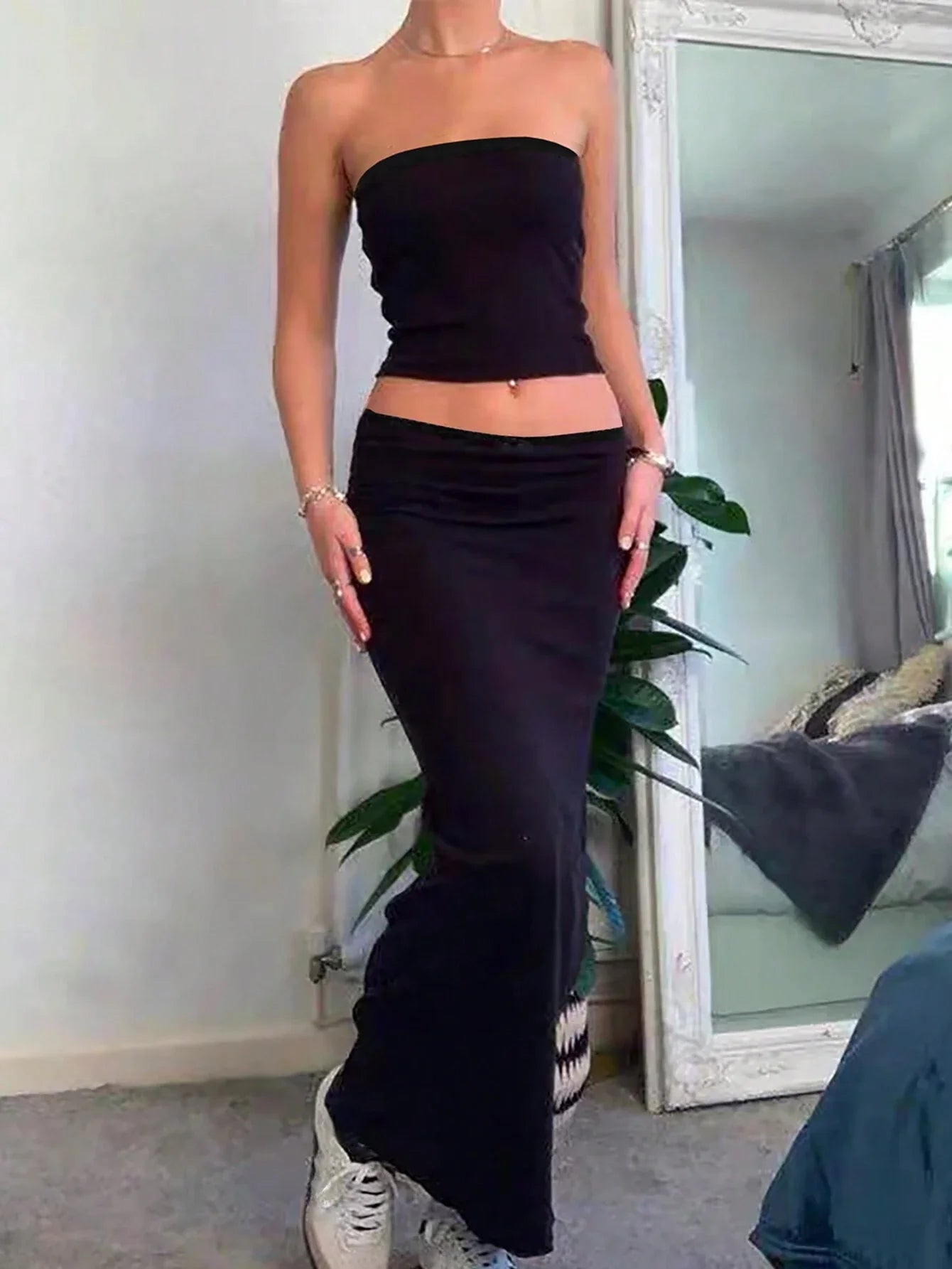 EZwear Ladies' Solid Color Simple Daily Strapless Top And Skirt