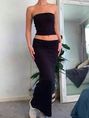 EZwear Ladies' Solid Color Simple Daily Strapless Top And Skirt