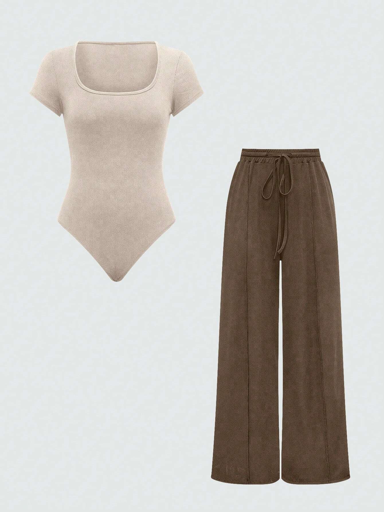 EZwear Plain Color Asymmetric Hem Top And Pants Two Piece Set