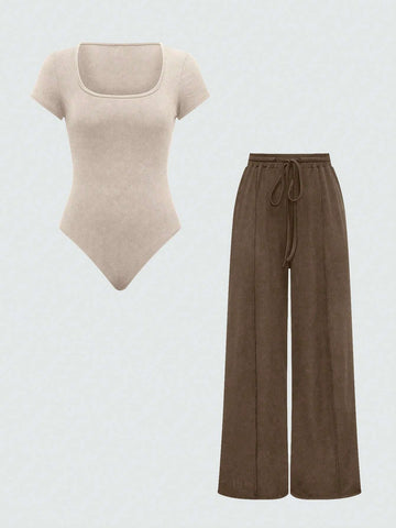EZwear Plain Color Asymmetric Hem Top And Pants Two Piece Set