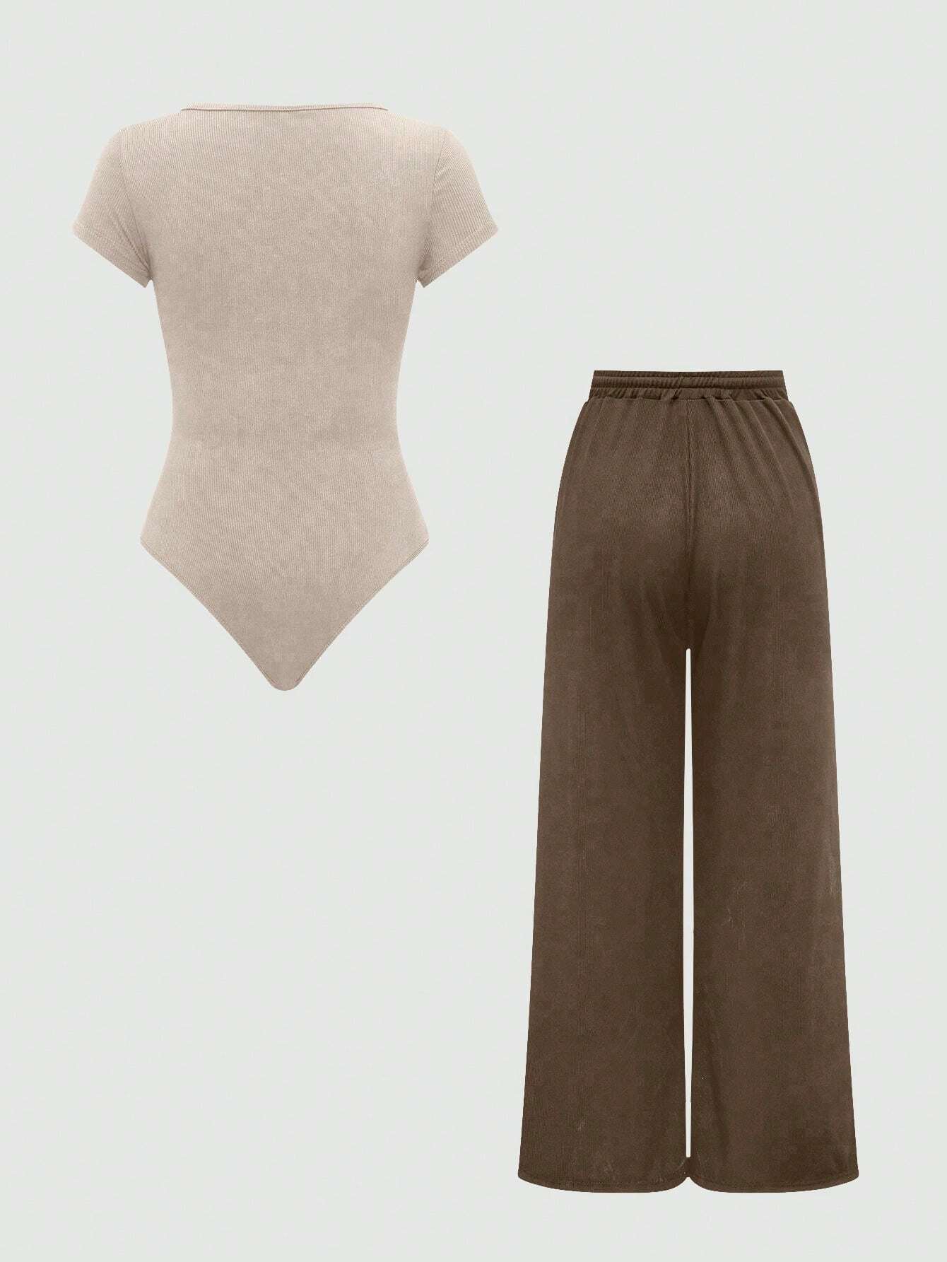 EZwear Plain Color Asymmetric Hem Top And Pants Two Piece Set