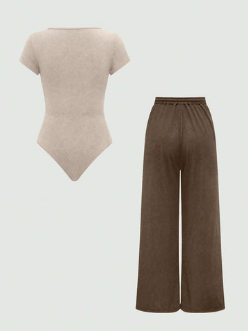 EZwear Plain Color Asymmetric Hem Top And Pants Two Piece Set