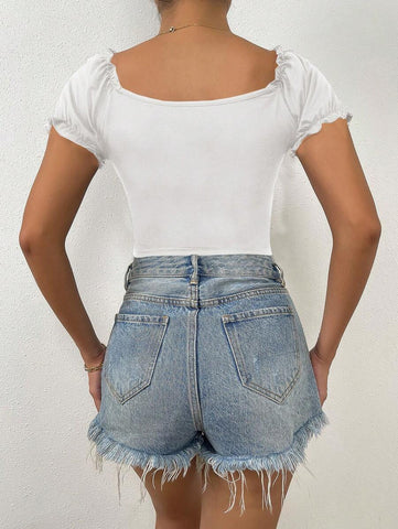 Rafferiza Sweetheart Neck Ruched Frill Trim Puff Sleeve Crop Tee