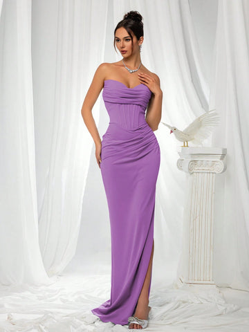 VIPGIRL Blue Strapless Slit Elegant Women's Evening Dress