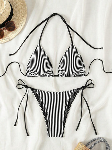 Swim Summer Beach Women's Striped Halterneck Separate Swimsuit With Ties