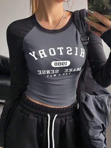 DAZY Color Block Raglan Sleeve Letter Print Round Neck Slim Fit Long Sleeve Women's T-Shirt