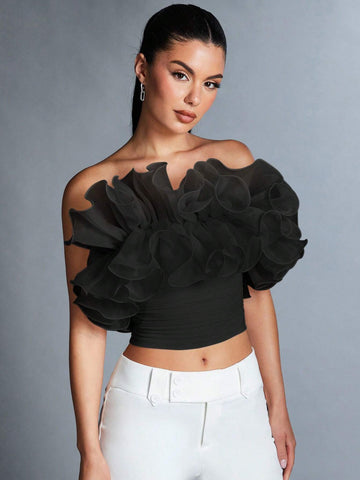 BAE Women's Summer Casual Strapless Top With Ruffle & Decorative Border