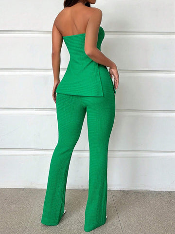 Essnce Ladies' Solid Color Strapless High Slit Top And Pants Set