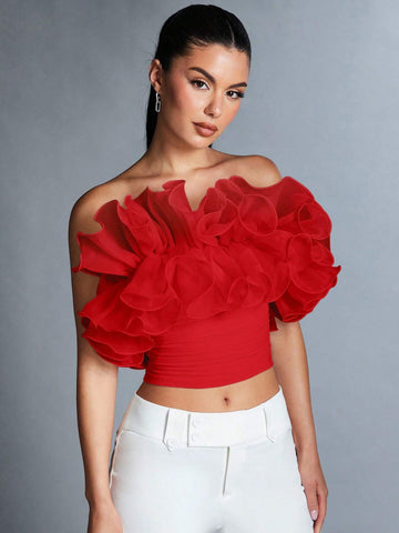 BAE Women's Summer Casual Strapless Top With Ruffle & Decorative Border