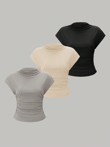 Essnce 3pcs Stand Collar & Pleated Design T-Shirt