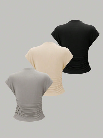 Essnce 3pcs Stand Collar & Pleated Design T-Shirt