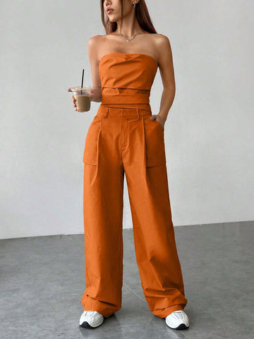 EZwear Leisure Style Solid Color Strapless Top And Flat Front Pants