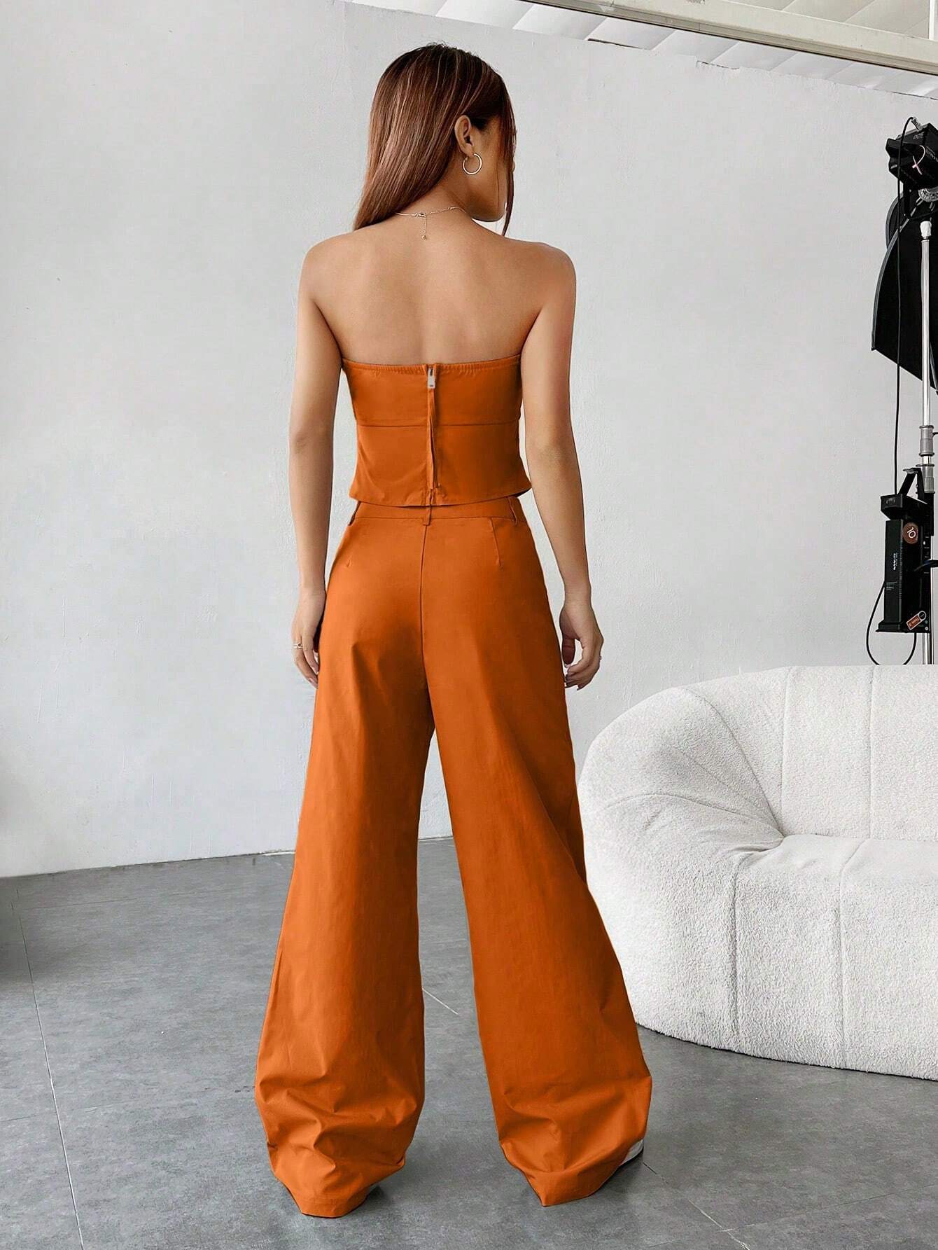 EZwear Leisure Style Solid Color Strapless Top And Flat Front Pants