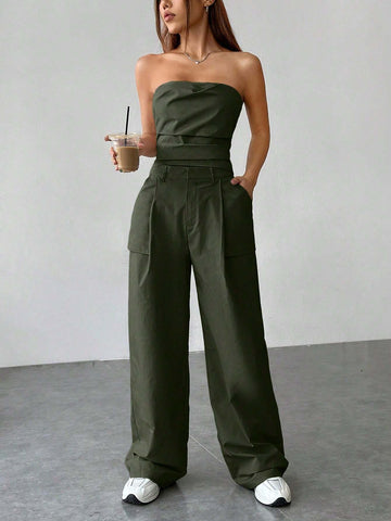 EZwear Leisure Style Solid Color Strapless Top And Flat Front Pants