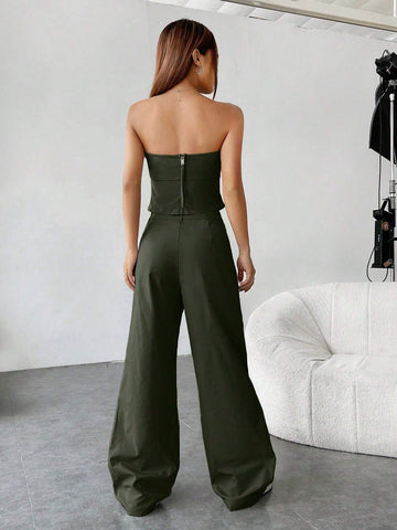 EZwear Leisure Style Solid Color Strapless Top And Flat Front Pants