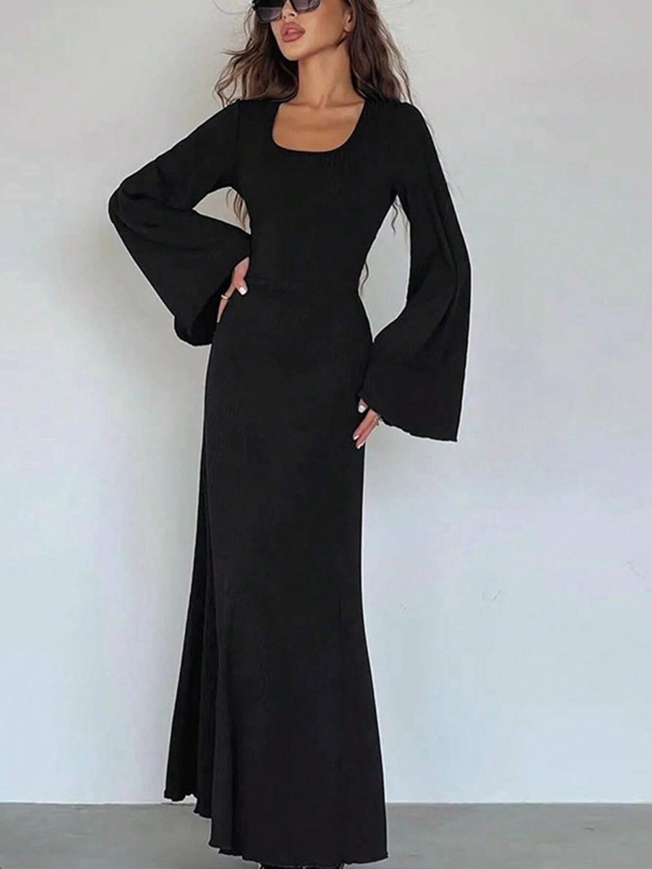 Women Casual Round Neck Bodycon Long Flare Sleeves Back Tie Elegant Daily Street Spring Long Dress