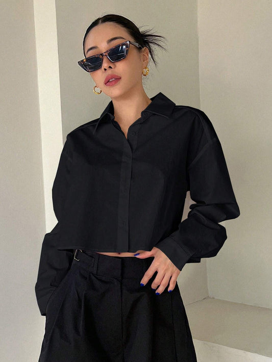 DAZY Solid Color Turn-Down Collar Short Length Women Long Sleeve Shirt