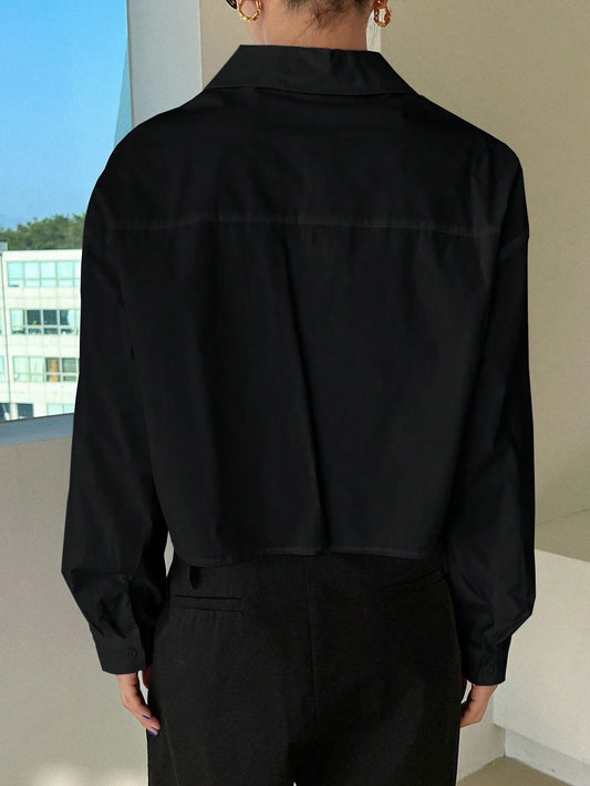 DAZY Solid Color Turn-Down Collar Short Length Women Long Sleeve Shirt