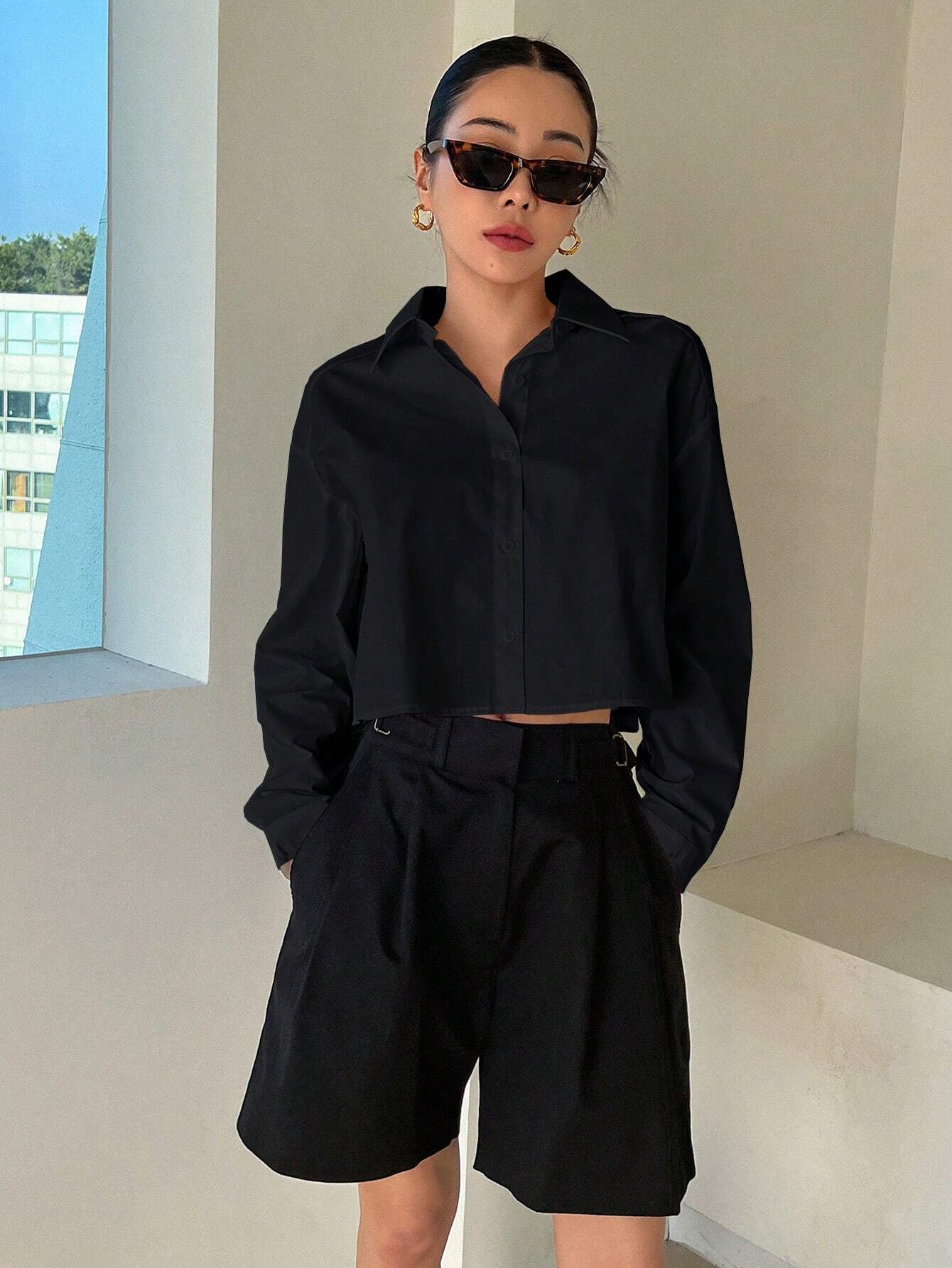 DAZY Solid Color Turn-Down Collar Short Length Women Long Sleeve Shirt